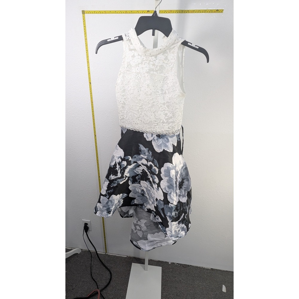 Girls Size 12 Lace Floral High Low Party Dress White Black Sleeveless Formal
